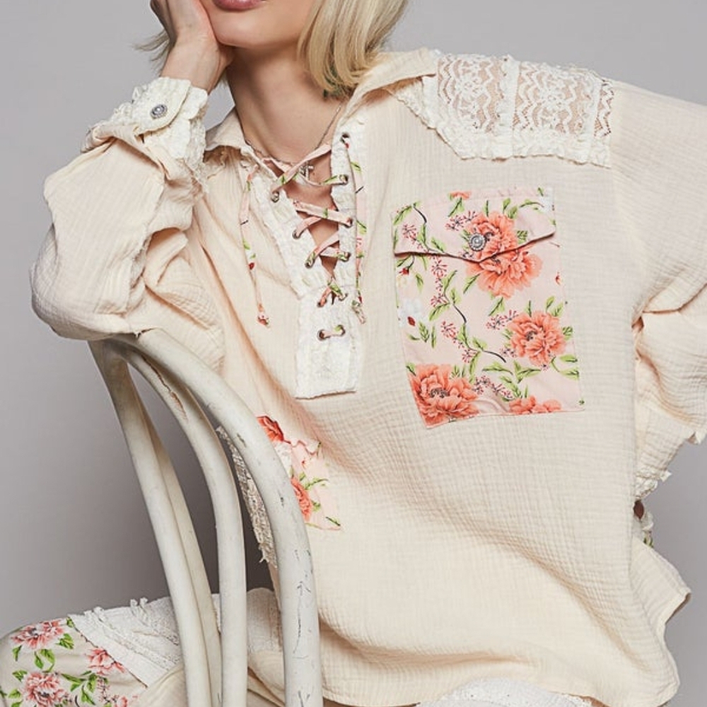 POL Ivory Floral Lace-Up Blouse